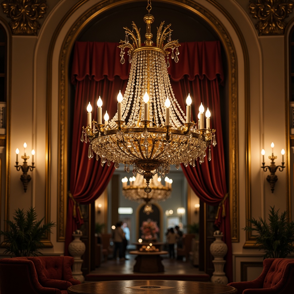 Prompt: Ornate chandeliers, crystal droplets, golden accents, intricately carved wooden fixtures, distressed finishes, vintage metalwork, ornamental sconces, rich velvet drapes, opulent furnishings, grandiose architecture, lavish decorations, warm ambient lighting, soft warm glow, shallow depth of field, 1/2 composition, realistic textures, ambient occlusion.