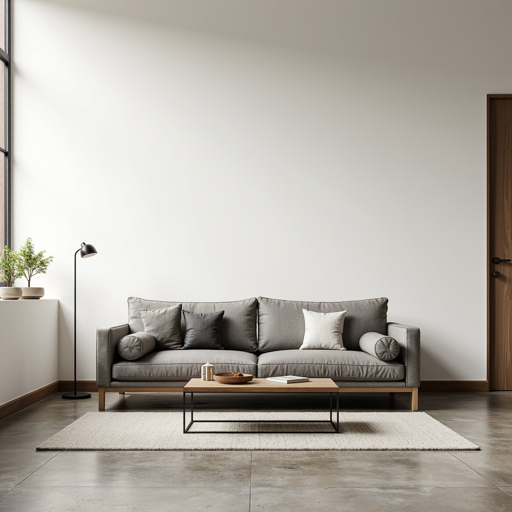 Prompt: Minimalist living room, sleek low-profile sofa, monochromatic color scheme, sparse decorative objects, industrial metal coffee table, minimalist floor lamp, creamy white walls, polished concrete floors, large windows, natural light, airy atmosphere, subtle texture contrasts, 1/1 composition, softbox lighting, ambient occlusion.