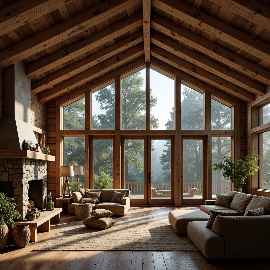 Prompt: Rustic cabin, wooden beams, exposed ceiling, natural wood textures, earthy tones, cozy atmosphere, warm lighting, stone fireplace, plush furniture, woven rugs, nature-inspired decor, forest surroundings, misty morning, soft diffused light, shallow depth of field, 1/1 composition, realistic rendering.