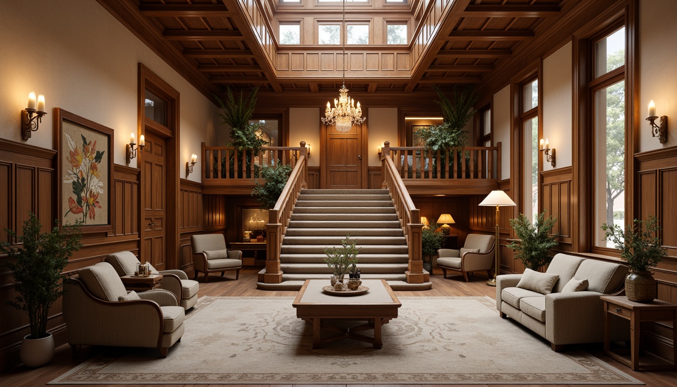 Prompt: Traditional academic architecture, warm neutral tones, rich wood accents, classic paneling, ornate moldings, grand staircases, luxurious carpets, subtle patterned rugs, elegant chandeliers, sophisticated wall sconces, refined furniture pieces, vintage decorative accessories, soft warm lighting, shallow depth of field, 3/4 composition, realistic textures, ambient occlusion.