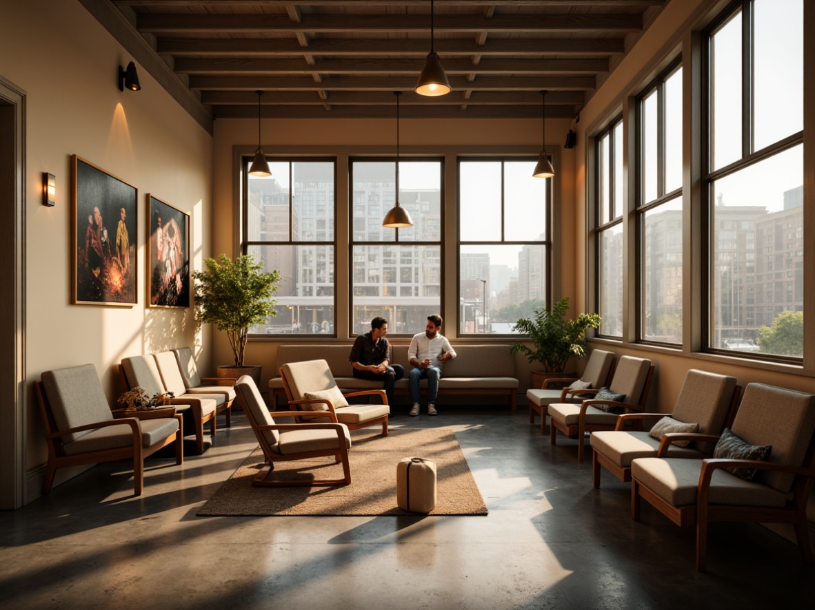 Prompt: Cozy waiting lounge, mid-century modern seating, vintage-inspired armchairs, wooden benches, retro-style lamps, warm beige tones, polished concrete floors, large windows, natural light, urban cityscape views, bustling train station atmosphere, soft ambient lighting, shallow depth of field, 1/1 composition, realistic textures, ambient occlusion.