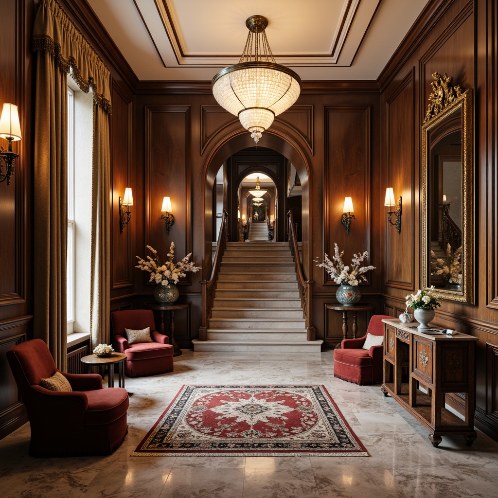 Prompt: Elegant entrance hall, luxurious chandelier, high ceiling, marble flooring, ornate mirrors, velvet armchairs, rich wood tones, classic console tables, sophisticated vases, dramatic drapery, grand staircase, opulent area rugs, soft warm lighting, 3/4 composition, intimate atmosphere, realistic textures, ambient occlusion.