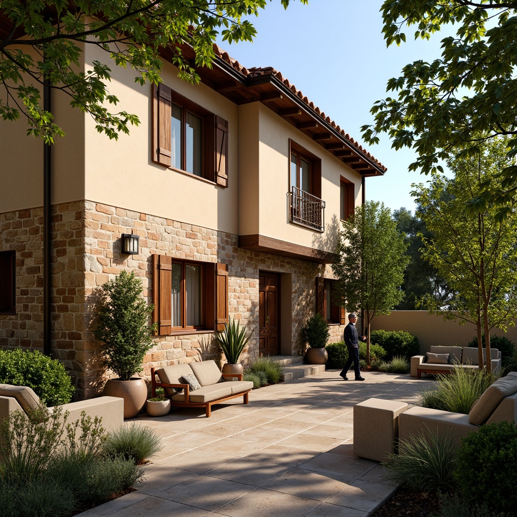 Prompt: Warm Mediterranean villa, rustic stone walls, textured stucco finishes, earthy color palette, terracotta roof tiles, wooden shutters, ornate ironwork, lush greenery, blooming flowers, sunny afternoon, soft warm lighting, shallow depth of field, 1/2 composition, realistic textures, ambient occlusion.