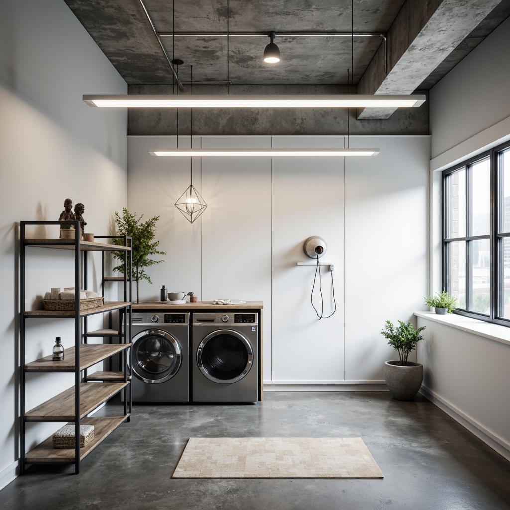 Prompt: Modern laundry room, sleek metal shelves, minimalist decor, crisp white walls, polished concrete floors, energy-efficient lighting, LED strip lights, suspended ceiling fixtures, geometric pendant lamps, chrome accents, industrial-chic design, urban loft atmosphere, natural daylight, soft ambient glow, 1/1 composition, shallow depth of field, realistic textures.