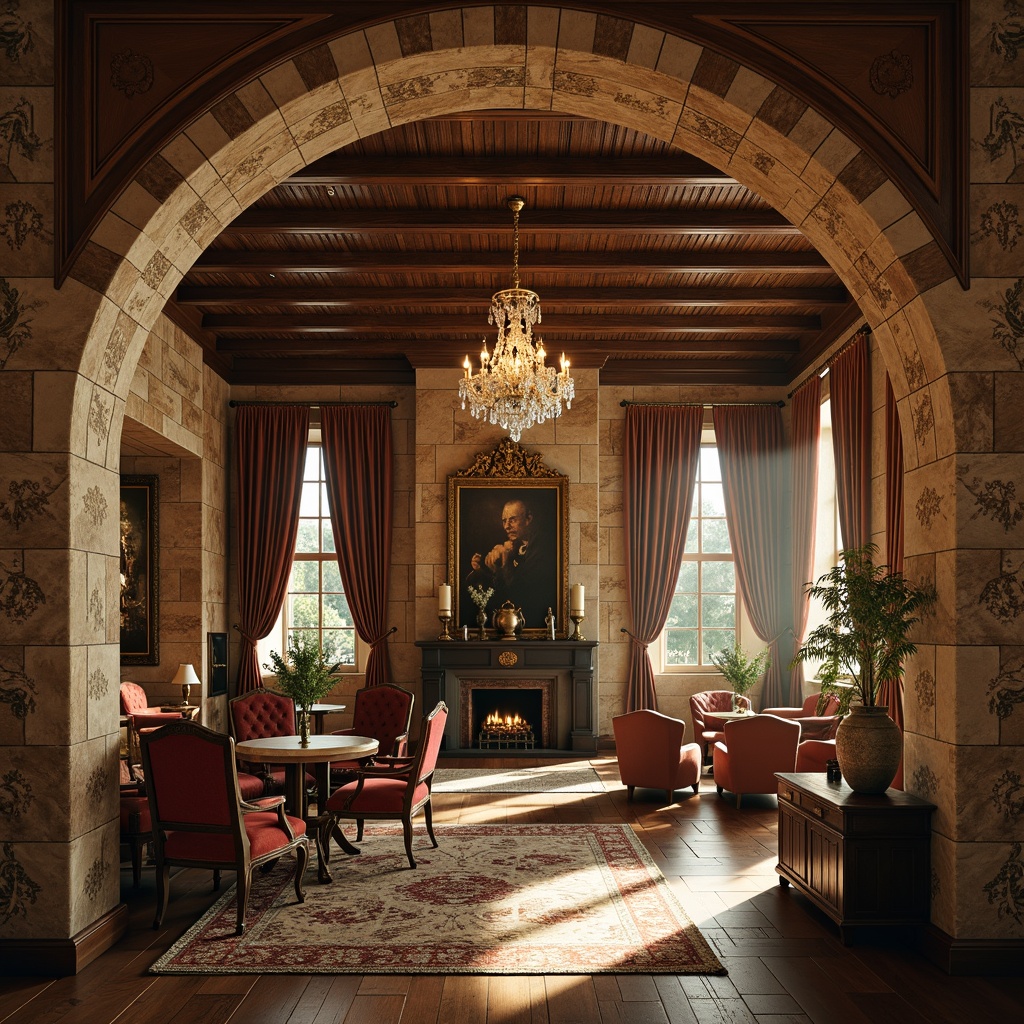 Prompt: Richly textured stone walls, ornate wooden paneling, elegant plaster ceilings, rustic brick archways, distressed wood beams, antique furniture pieces, luxurious velvet drapes, opulent crystal chandeliers, warm golden lighting, soft focus, shallow depth of field, 1/1 composition, realistic textures, ambient occlusion.