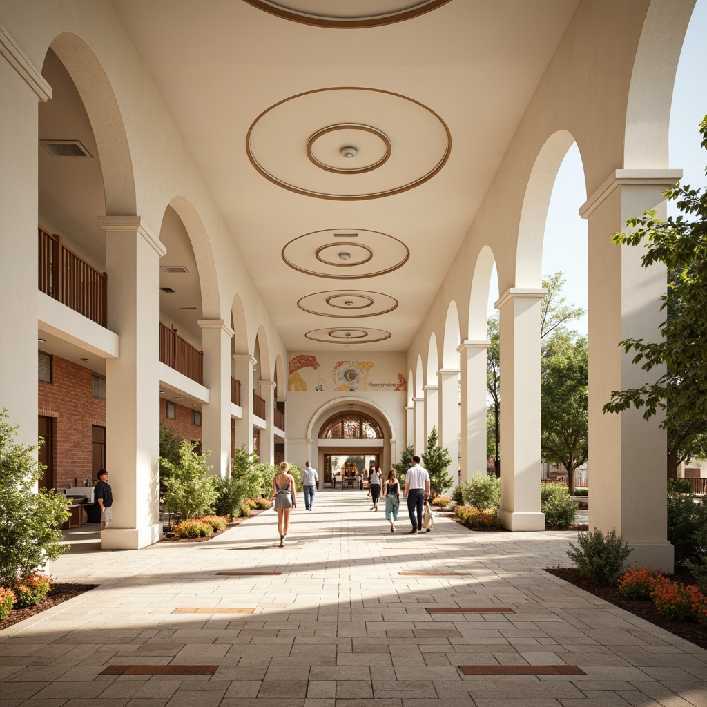 Prompt: Creamy white walls, soft pastel colors, ornate classical columns, rounded arches, gentle domes, wooden flooring, traditional playground equipment, vibrant flower patterns, educational signage, natural stone pathways, rustic brick facades, grand entranceways, symmetrical compositions, warm afternoon sunlight, soft focus, shallow depth of field, 1/1 composition, realistic textures, ambient occlusion.