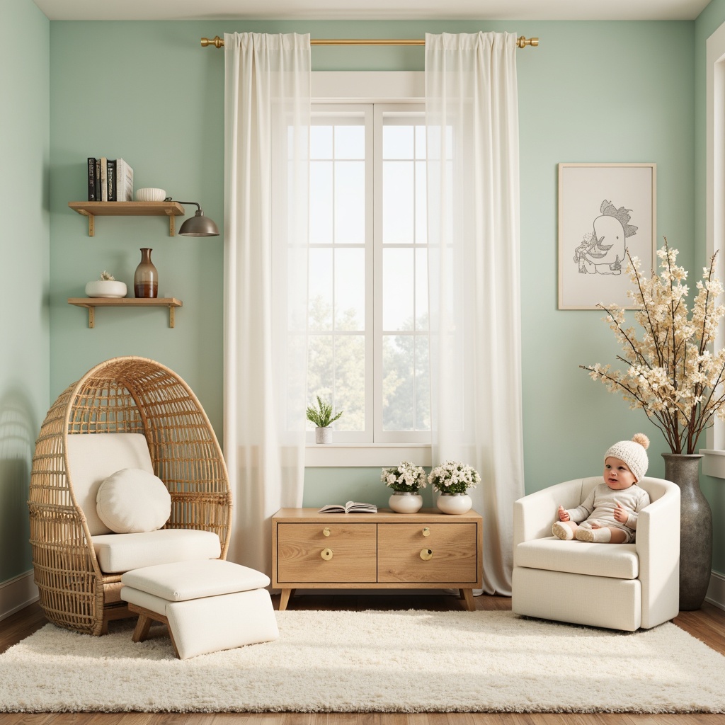 Prompt: Soft pastel hues, gentle nursery atmosphere, calming whites, creamy yellows, pale blues, minty freshness, natural wood tones, plush carpets, cozy reading nooks, whimsical wall art, delicate florals, soothing ambient lighting, shallow depth of field, 1/1 composition, warm golden hour, serene baby haven.