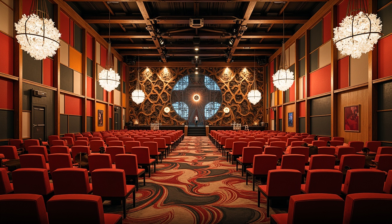 Prompt: Vibrant eclectic auditorium, ornate chandeliers, rich wood paneling, plush velvet seating, intricate metalwork details, bold color schemes, asymmetrical architecture, abstract geometric patterns, diffused warm lighting, scattered spotlights, suspended acoustic panels, sound-absorbing drapes, curved lines, organic shapes, natural textiles, rustic wooden accents, modern digital displays, 3/4 composition, shallow depth of field, realistic textures, ambient occlusion.