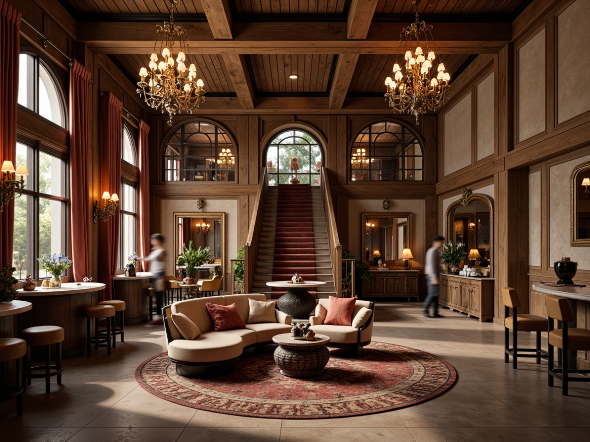 Prompt: Rustic French country casino interior, lavish chandeliers, ornate mirrors, distressed wood accents, velvet drapes, elegant furnishings, luxurious fabrics, natural stone flooring, grand staircase, expansive open spaces, high ceilings, soft warm lighting, subtle color palette, 3/4 composition, shallow depth of field, realistic textures, ambient occlusion.