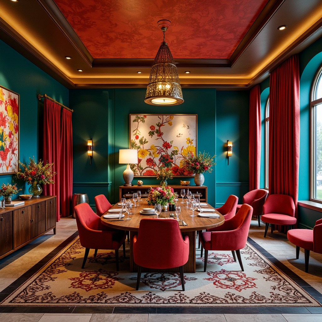 Prompt: Vibrant postmodern dining room, bold eclectic colors, rich turquoise walls, deep crimson accents, warm golden lighting, sleek metallic fixtures, ornate wooden furniture, curvaceous shapes, abstract geometric patterns, luxurious velvet upholstery, intricate ceramic tiles, statement art pieces, dramatic floor-to-ceiling curtains, lavish floral arrangements, 3/4 composition, shallow depth of field, soft warm glow, realistic textures.