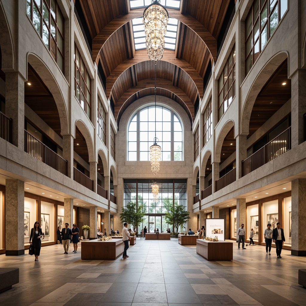 Prompt: Grand cultural center, ornate architectural details, high ceilings, marble floors, wooden accents, elegant chandeliers, spacious atriums, natural light pouring in, comfortable seating areas, interactive exhibit spaces, multimedia displays, flexible modular layouts, minimalistic decor, neutral color palette, subtle textures, ambient lighting, shallow depth of field, 1/1 composition, symmetrical framing, realistic rendering.