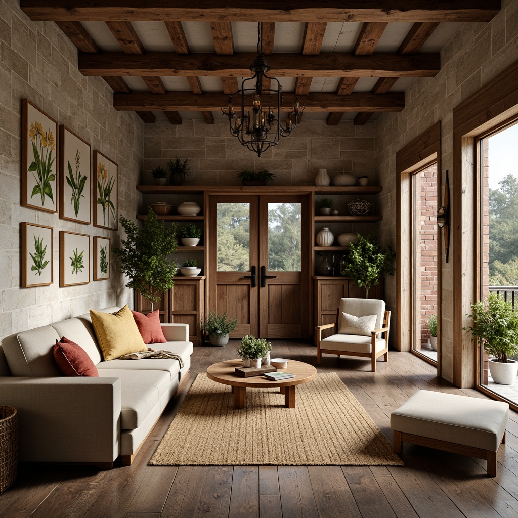 Prompt: Rustic farmhouse setting, vintage decorative accents, distressed wood flooring, natural stone walls, earthy color palette, botanical prints, woven textiles, classic brick exterior, metal roofing, weathered wooden doors, ornate metal hardware, soft warm lighting, shallow depth of field, 1/1 composition, realistic textures, ambient occlusion.