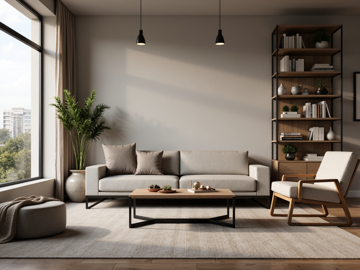 Prompt: Simple living room, low-profile sofa, sleek coffee table, minimalist decor, soft cushions, natural wood accents, industrial metal legs, adjustable lighting fixtures, neutral color palette, cozy throw blankets, functional shelving units, ergonomic chairs, compact storage ottomans, warm ambient lighting, shallow depth of field, 1/1 composition, realistic textures, subtle reflections.