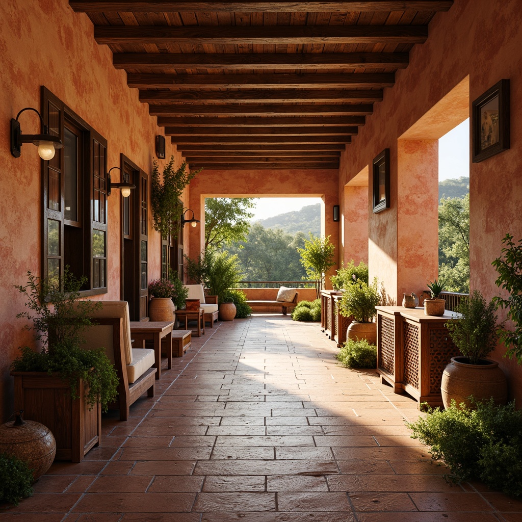 Prompt: Warm Mediterranean interior, rustic terracotta tiles, earthy color palette, natural textures, traditional Spanish architecture, ornate ceramic patterns, distressed finishes, warm ambient lighting, cozy seating areas, lush greenery, potted plants, wooden accents, vintage decorative items, sun-kissed windows, soft warm lighting, shallow depth of field, 1/1 composition, realistic renderings.