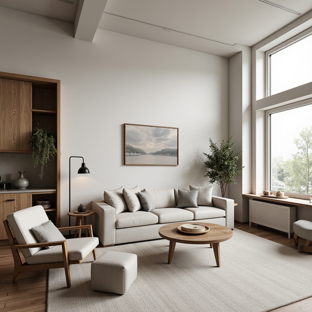 Prompt: Nordic living room, minimal ornamentation, monochromatic color scheme, natural wood accents, sleek lines, functional furniture, ample negative space, soft diffused lighting, cozy textiles, simplicity-driven design, clutter-free atmosphere, organic shapes, earthy tones, calm ambiance, subtle patterns, neutral palette, airy feel, 1/1 composition, shallow depth of field, realistic materials.