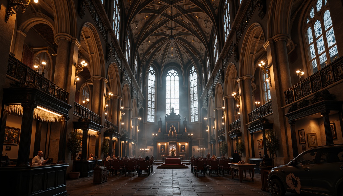 Prompt: Ornate Gothic cathedral, intricately carved stone walls, ribbed vaulted ceilings, grandiose chandeliers, stained glass windows, rich velvet drapes, gilded accents, ornate furnishings, mysterious ambiance, dim warm lighting, atmospheric fog, dramatic shadows, 1/1 composition, symmetrical framing, high contrast ratio, cinematic mood, mystical atmosphere.