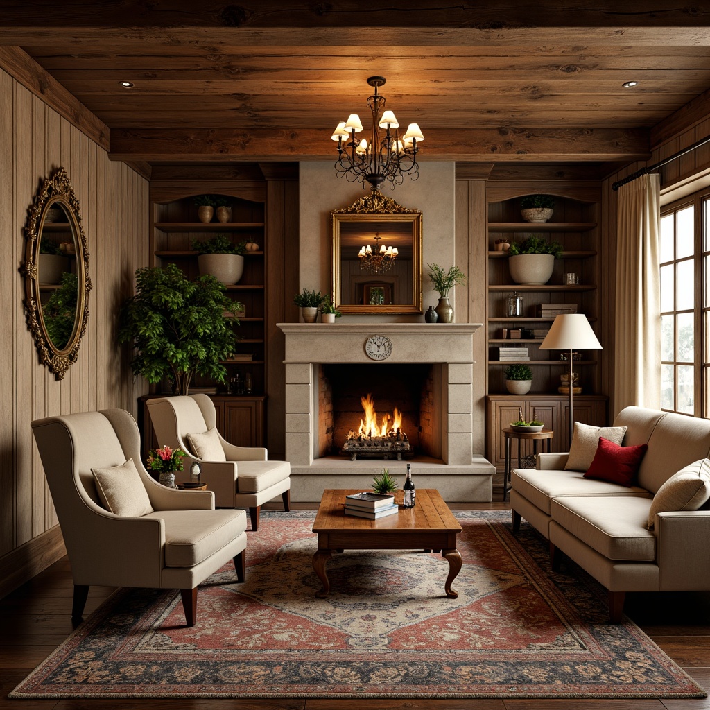 Prompt: Rustic game room, wooden paneling, stone fireplace, plush armchairs, velvet sofas, antique coffee tables, distressed wood accents, vintage rugs, rich fabrics, ornate mirrors, carved wooden decor, soft warm lighting, cozy atmosphere, French country style, earthy tones, natural textures, comfortable seating, wooden wall shelves, decorative vases, potted plants, warm beige colors, classic furnishings, elegant chandeliers, 3/4 composition, realistic shadows, ambient occlusion.