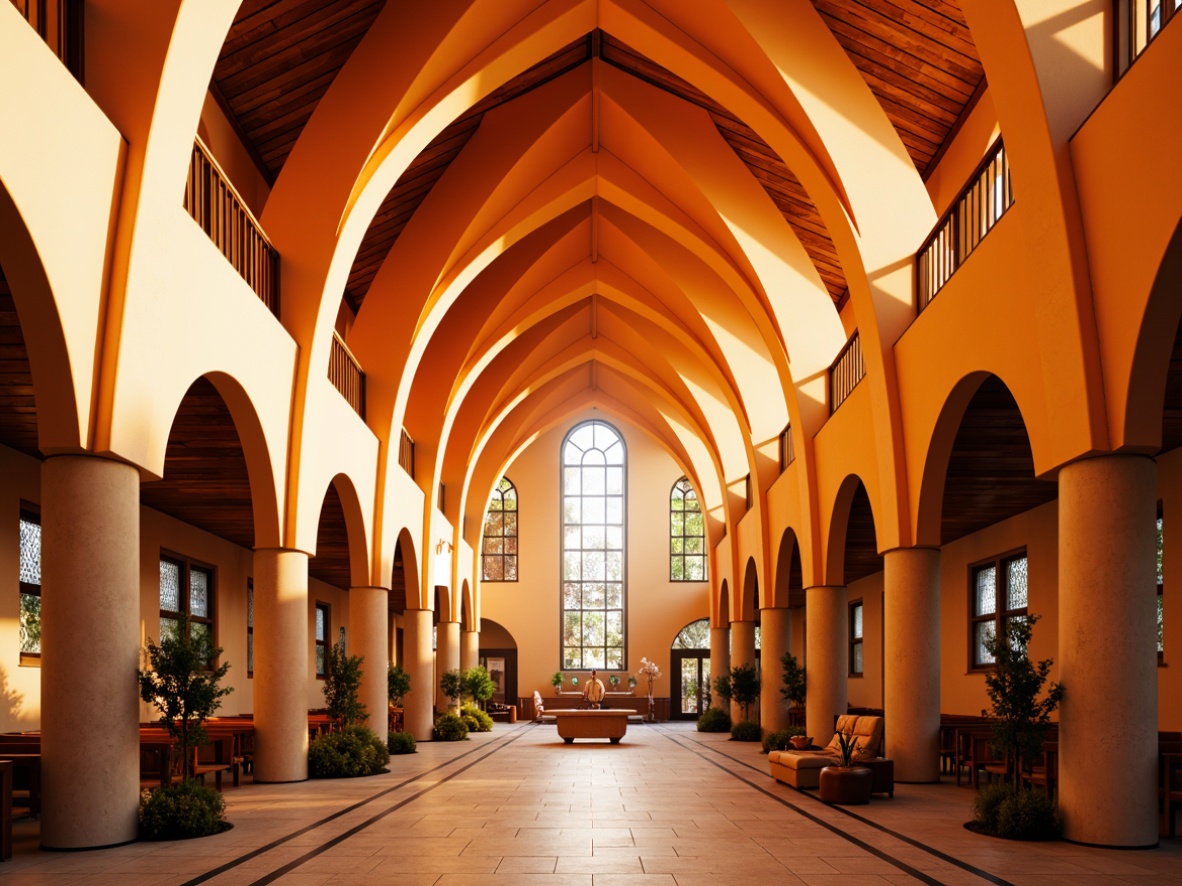 Prompt: Vibrant tangerine hues, modern religious architecture, sweeping arches, minimalist decor, natural stone accents, stained glass windows, ornate metalwork, intricate mosaics, warm ambient lighting, soft shadows, dramatic verticality, symmetrical composition, 1/2 frame division, warm golden hour, shallow depth of field, realistic textures, subtle reflections.