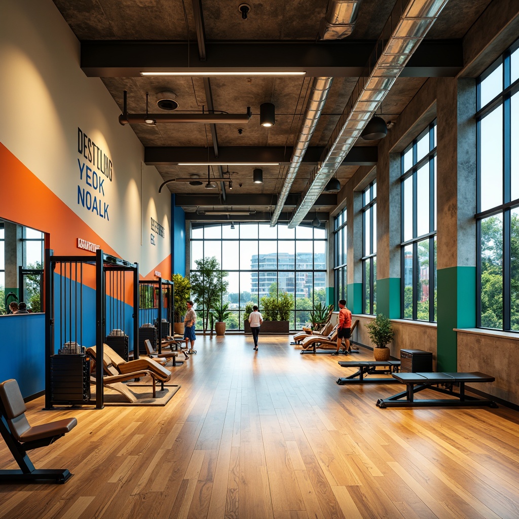 Prompt: Vibrant gym interior, bold athletic colors, dynamic shapes, modern sports equipment, motivational quotes, wooden flooring, bright overhead lighting, high ceilings, expansive windows, natural ventilation, energetic atmosphere, warm beige walls, deep blue accents, lively green tones, metallic silver fixtures, sleek glass railings, industrial-style pipes, rustic wood textures, abstract geometric patterns, bold typography, dynamic angular lines, shallow depth of field, 3/4 composition, realistic render.