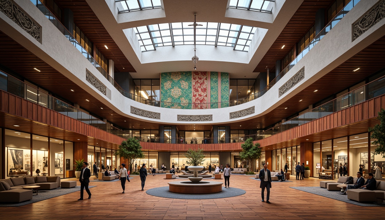 Prompt: Grand cultural center, iconic architecture, sweeping curves, grand atrium, high ceilings, natural light pouring in, spacious exhibition halls, interactive display systems, immersive experiences, rich cultural artifacts, traditional patterns, vibrant textiles, warm wooden flooring, comfortable seating areas, cozy reading nooks, dynamic lighting design, shallow depth of field, 1/1 composition, wide-angle lens, realistic reflections, ambient occlusion.