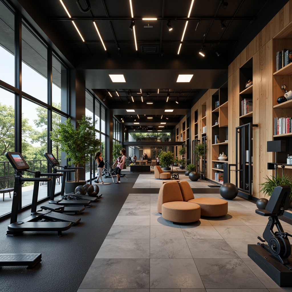 Prompt: Modern home gym, sleek metal equipment, mirrored walls, rubber flooring, natural wood accents, industrial-chic decor, adjustable shelving systems, hidden storage compartments, modular furniture designs, ergonomic seating areas, personalized fitness tracking displays, soft ambient lighting, shallow depth of field, 1/1 composition, realistic textures, ambient occlusion.