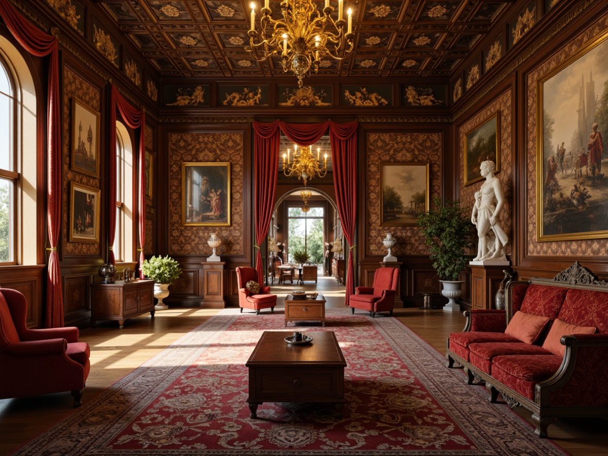 Prompt: Luxurious museum interior, Renaissance-style furniture, ornate wooden frames, velvet upholstery, gilded accents, marble pedestals, antique vases, intricate carvings, classic sculptures, grand chandeliers, richly patterned rugs, opulent drapery, warm golden lighting, shallow depth of field, 1/1 composition, realistic textures, ambient occlusion.