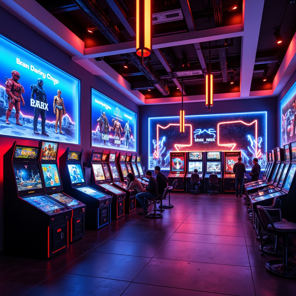 Prompt: Vibrant game room, neon-lit arcade machines, bold colored walls, electric blue accents, fiery red tones, deep black backgrounds, sleek metallic finishes, futuristic console designs, glowing ambient lighting, high-contrast color scheme, dynamic shadows, realistic textures, cinematic atmosphere, immersive gaming experience.