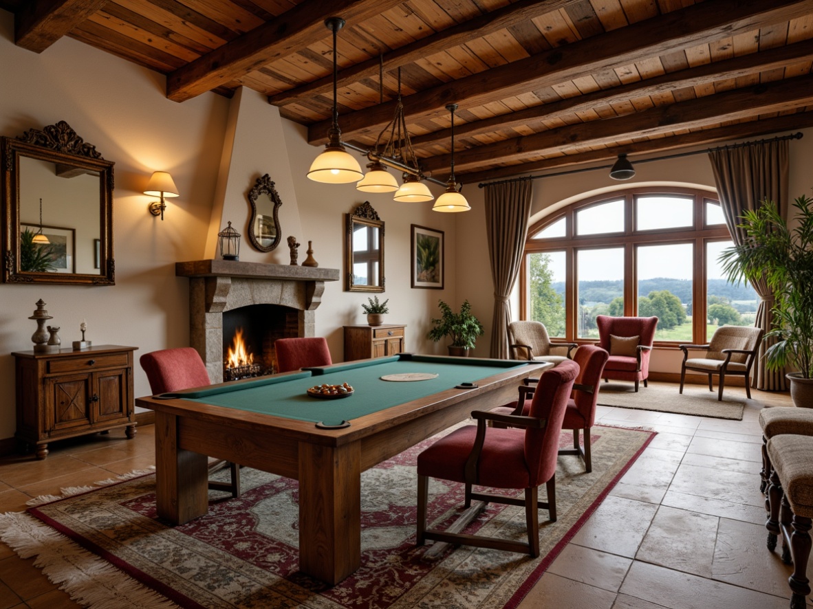 Prompt: Rustic game room, wooden accents, earthy tones, vintage furniture, distressed finishes, plush armchairs, velvet drapes, rich tapestries, natural fabrics, linen upholstery, cotton lace trim, soft warm lighting, cozy atmosphere, rural landscape views, stone fireplace, wooden beam ceiling, traditional French country decor, ornate mirrors, antique accessories, warm beige walls, comfortable seating areas, scenic window views.