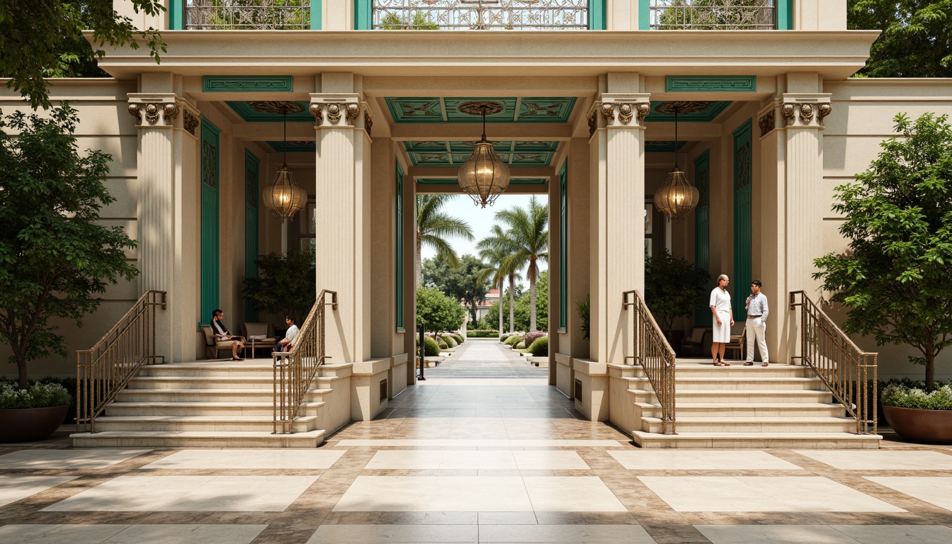 Prompt: Ornate pavilion entrance, art deco patterns, luxurious marble floors, grand staircase, ornamental metal railings, symmetrical facades, geometric shapes, vibrant turquoise accents, polished chrome details, lavish chandeliers, intricate moldings, opulent furnishings, lush greenery, sunny day, soft warm lighting, shallow depth of field, 3/4 composition, panoramic view, realistic textures, ambient occlusion.