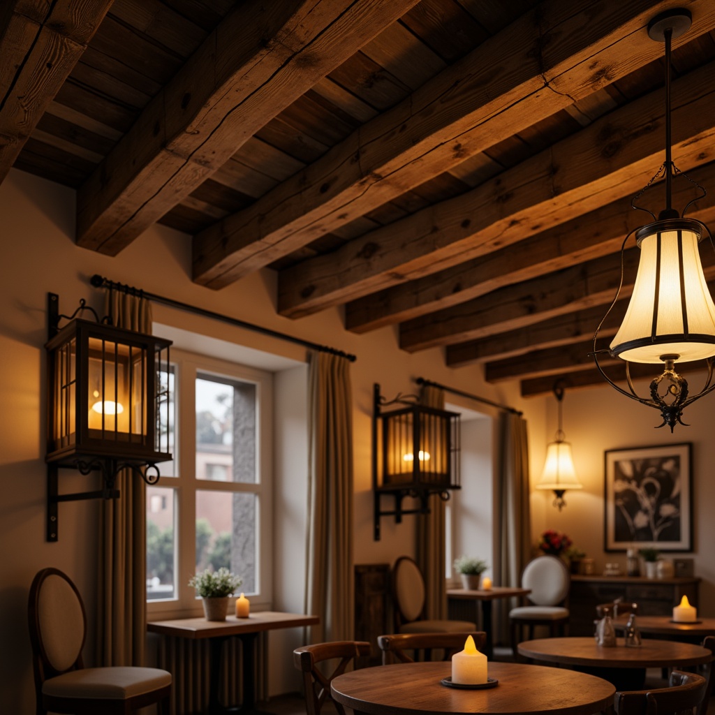 Prompt: Rustic wooden beams, distressed finishes, soft warm lighting, vintage metal lanterns, candle-inspired chandeliers, ornate ironwork, natural linen shades, earthy color palette, elegant curved lines, classic European flair, cozy intimate ambiance, warm golden glow, subtle shadowing, 1/1 composition, shallow depth of field, realistic textures, ambient occlusion.