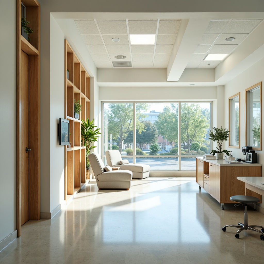 Prompt: Calming medical clinic, soft pastel colors, creamy whites, soothing blues, gentle greens, warm beige tones, natural wood accents, sleek metal equipment, modern minimalist decor, large windows, abundant natural light, serene ambiance, shallow depth of field, 1/2 composition, realistic textures, ambient occlusion.