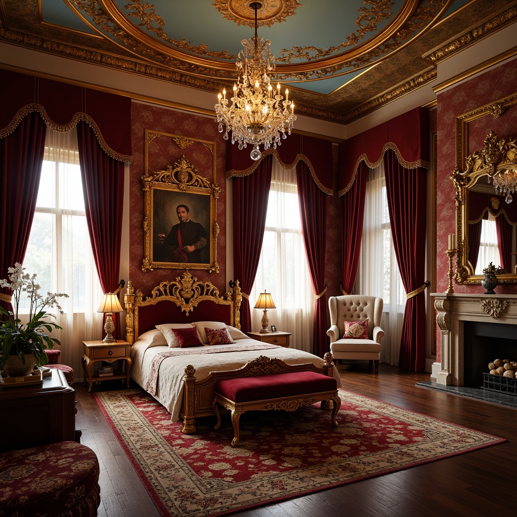 Prompt: Ornate kid's bedroom, rich velvet fabrics, golden accents, intricate carvings, luxurious curtains, crystal chandeliers, ornamental mirrors, gilded frames, plush area rugs, carved wooden furniture, antique-inspired pieces, soft warm lighting, shallow depth of field, 1/1 composition, realistic textures, ambient occlusion.