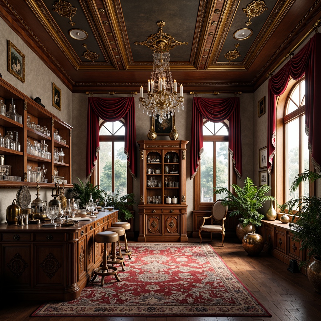 Prompt: Ornate laboratory, intricately carved wooden cabinets, gilded metal fixtures, ornamental glassware, lavish velvet drapes, richly patterned rugs, Baroque-inspired furniture, golden accents, crystal chandeliers, soft warm lighting, shallow depth of field, 3/4 composition, realistic textures, ambient occlusion, Rococo-style ornateness, delicate filigree patterns, curvaceous lines, opulent materials, luxurious ambiance, scientific instruments, antique microscopes, vintage beakers, elegant apothecary jars.