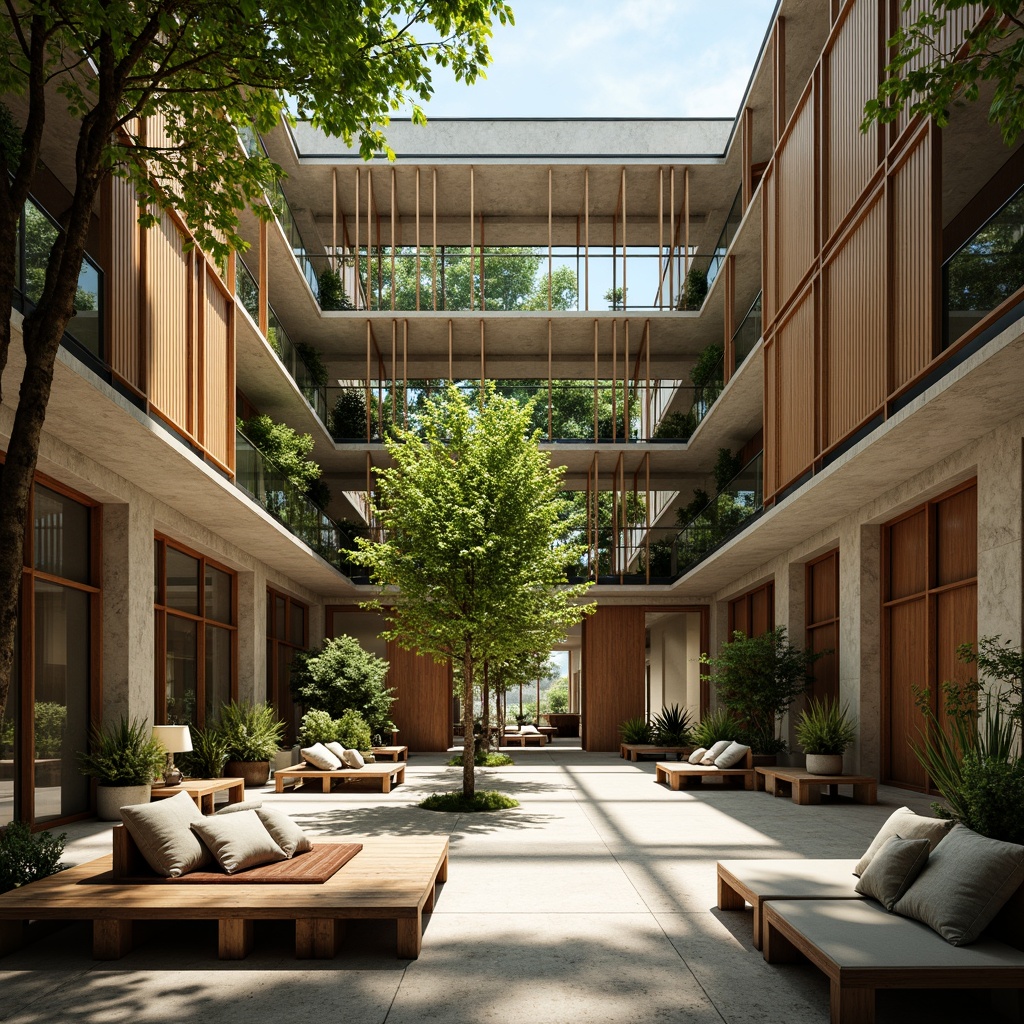 Prompt: Minimalist atrium, lush greenery, natural stone walls, wooden accents, floor-to-ceiling windows, sliding glass doors, warm sunlight, soft shadows, comfortable seating areas, rustic wood benches, potted plants, modern chandeliers, earthy color palette, organic textures, shallow depth of field, 1/1 composition, bright atmosphere, airy feel.