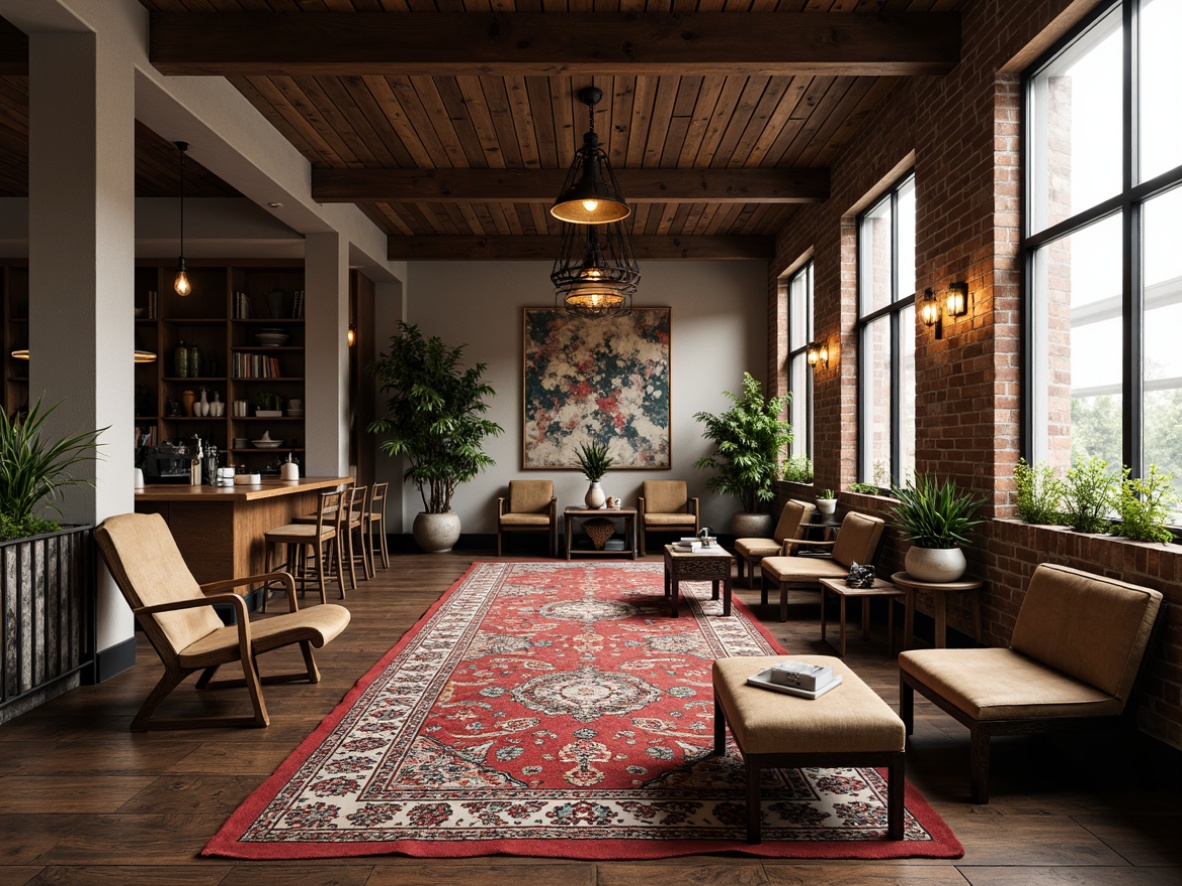 Prompt: Richly patterned rug, eclectic furniture mix, vintage wooden chairs, distressed metal tables, industrial pendant lights, exposed brick walls, reclaimed wood accents, earthy color palette, warm cozy atmosphere, soft diffused lighting, shallow depth of field, 1/2 composition, realistic textures, ambient occlusion.