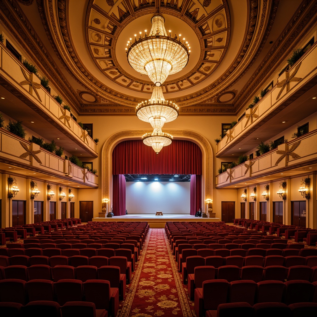 Prompt: Grand concert hall, ornate chandeliers, warm golden lighting, plush red velvet seats, curved balconies, intricate moldings, high ceilings, majestic stage, dramatic spotlights, soft ambient glow, LED strip lights, modern minimalist fixtures, polished metal accents, crystal prisms, luxurious drapery, rich wood tones, intimate atmosphere, 3/4 composition, shallow depth of field, panoramic view.