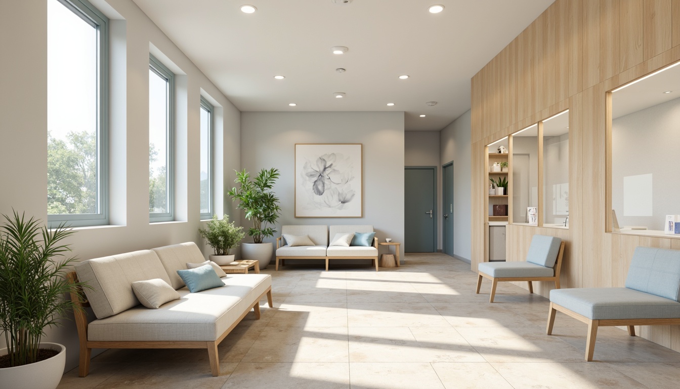 Prompt: Calming clinic interior, soft pastel colors, gentle whites, creamy beiges, soothing blues, muted greens, warm wood accents, natural stone floors, comfortable waiting areas, minimalist furniture, subtle textures, indirect lighting, calming atmosphere, 1/2 composition, shallow depth of field, realistic renderings.