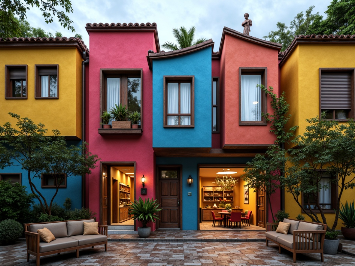 Prompt: Vibrant colored facades, irregular shapes, playful asymmetry, mixed materials, bold ornate decorations, whimsical sculptures, eclectic window arrangements, curved lines, fragmented forms, juxtaposed textures, distressed finishes, abstract patterns, ornate metalwork, dynamic lighting, warm color palette, cozy intimate spaces, natural stone accents, reclaimed wood features, lush greenery integration, dramatic rooflines, irregularly shaped columns, vibrant ceramic tiles, artistic mosaics, eclectic furniture pieces, bold typography signage.