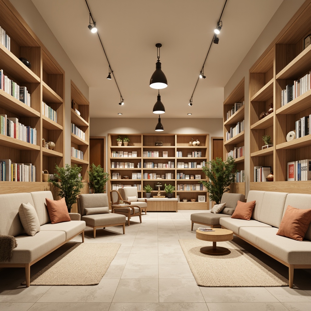 Prompt: Minimalist bookstore interior, warm beige walls, polished wooden shelves, neutral tone flooring, cozy reading nooks, comfortable sofas, industrial metal lighting fixtures, subtle texture rugs, calm atmosphere, soft natural light, gentle shadows, 1/1 composition, shallow depth of field, realistic render, ambient occlusion, earthy color scheme, muted pastel hues, creamy whites, rich wood tones, bold accent colors.