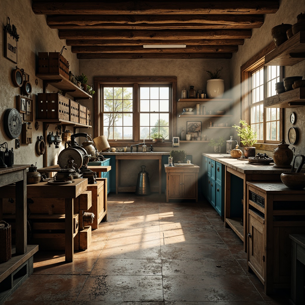 Prompt: Rustic wooden workshop, distressed metal tools, vintage machinery, earthy tone walls, warm beige floors, rich brown wood accents, pops of deep blue, industrial metal shelving, reclaimed wood crates, natural light pouring in, soft warm glow, atmospheric mist, shallow depth of field, 1/2 composition, cinematic lighting, realistic textures, ambient occlusion.