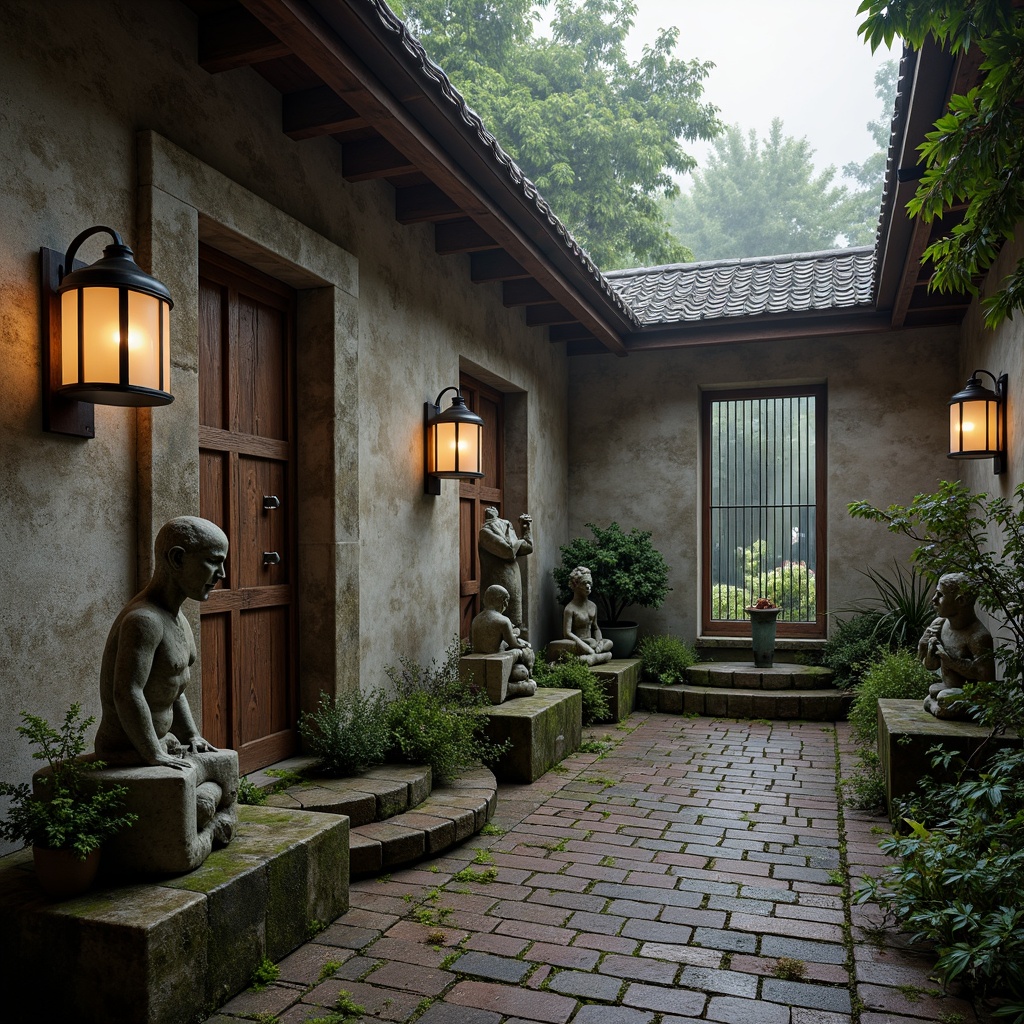 Prompt: Weathered stone walls, distressed wooden accents, rusty metal gates, worn brick pathways, moss-covered statues, vintage lanterns, warm candlelight, soft natural light, subtle shadows, shallow depth of field, 1/2 composition, rustic charm, earthy tones, natural materials, aged textures, nostalgic atmosphere, peaceful ambiance, serene memorial gardens, gentle water features, subtle fog effects.