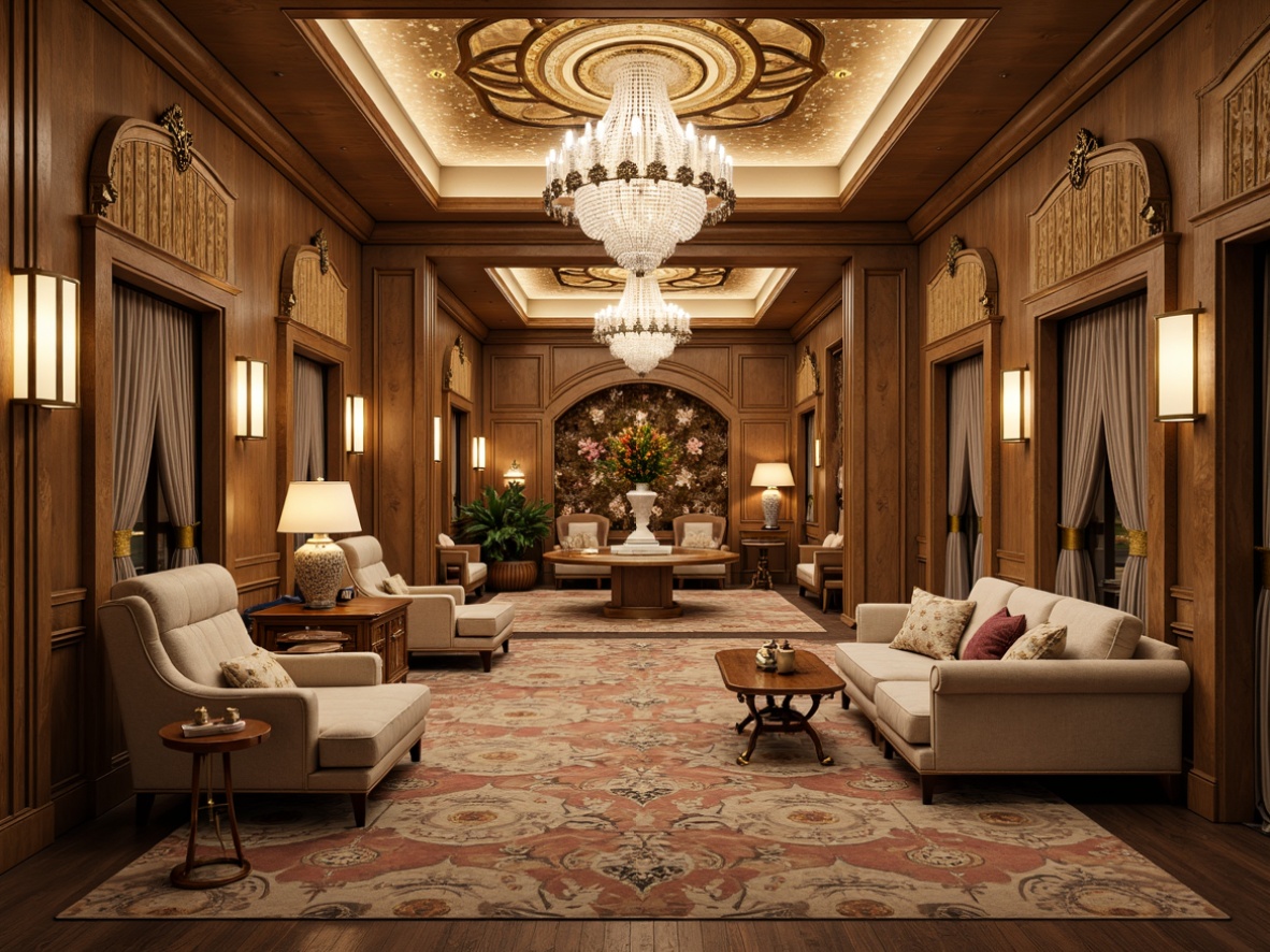 Prompt: Luxurious casino interior, rich velvet fabrics, ornate gold accents, crystal chandeliers, rustic wooden furniture, distressed finishes, soft warm lighting, elegant curves, intricate carvings, plush upholstery, tufted sofas, oversized armchairs, ornamental mirrors, decorative vases, lavish drapery, French country-inspired patterns, soft pastel colors, warm beige tones, golden metallic details, opulent textures, shallow depth of field, 1/2 composition, realistic reflections, ambient occlusion.