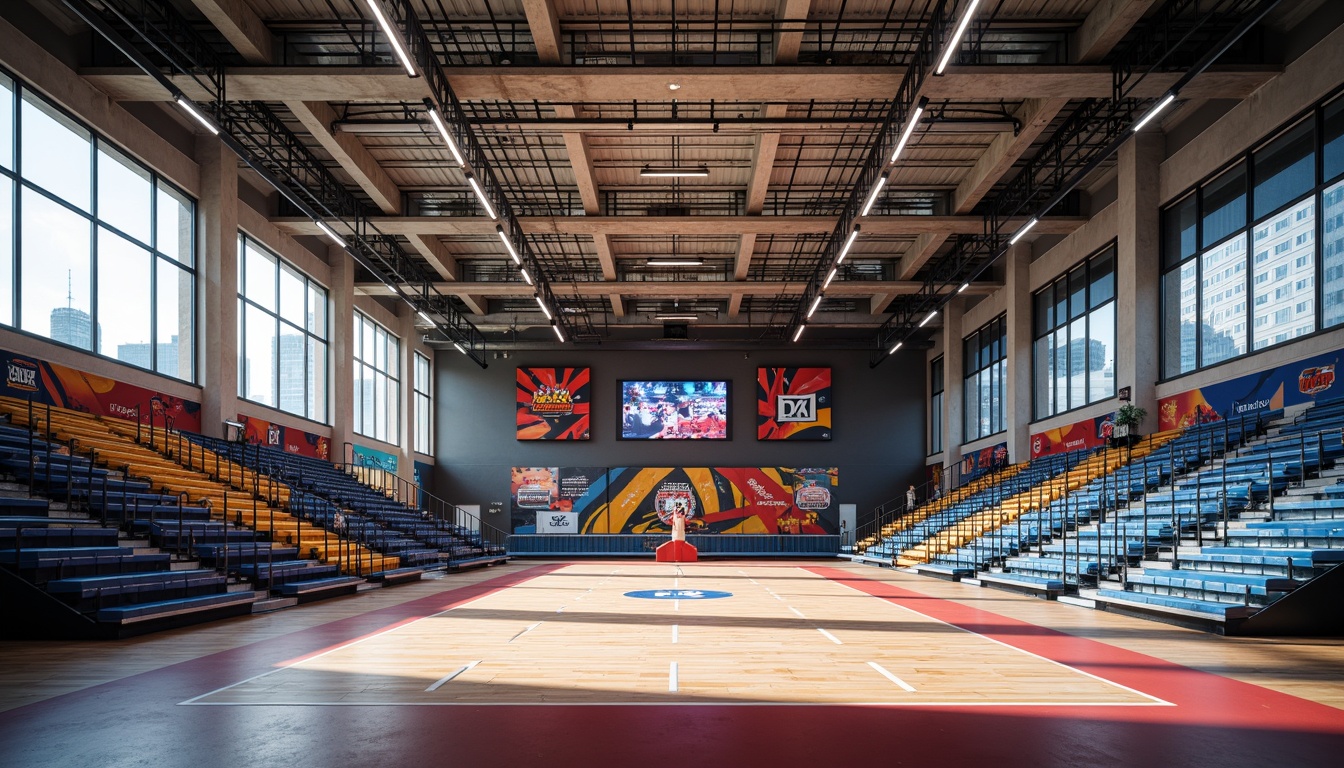 Prompt: Modern gymnasium interior, dynamic sports equipment, colorful athletic tracks, vibrant team logos, sleek metal bleachers, polished wood floors, natural light pouring in, large windows, abstract geometric patterns, bold typography, futuristic LED lighting, 3D texture accents, high-contrast color scheme, minimalist decor, functional storage systems, innovative soundproofing materials, urban cityscape views, dramatic shadows, low-angle photography, realistic fabric textures, intricate stitching details.