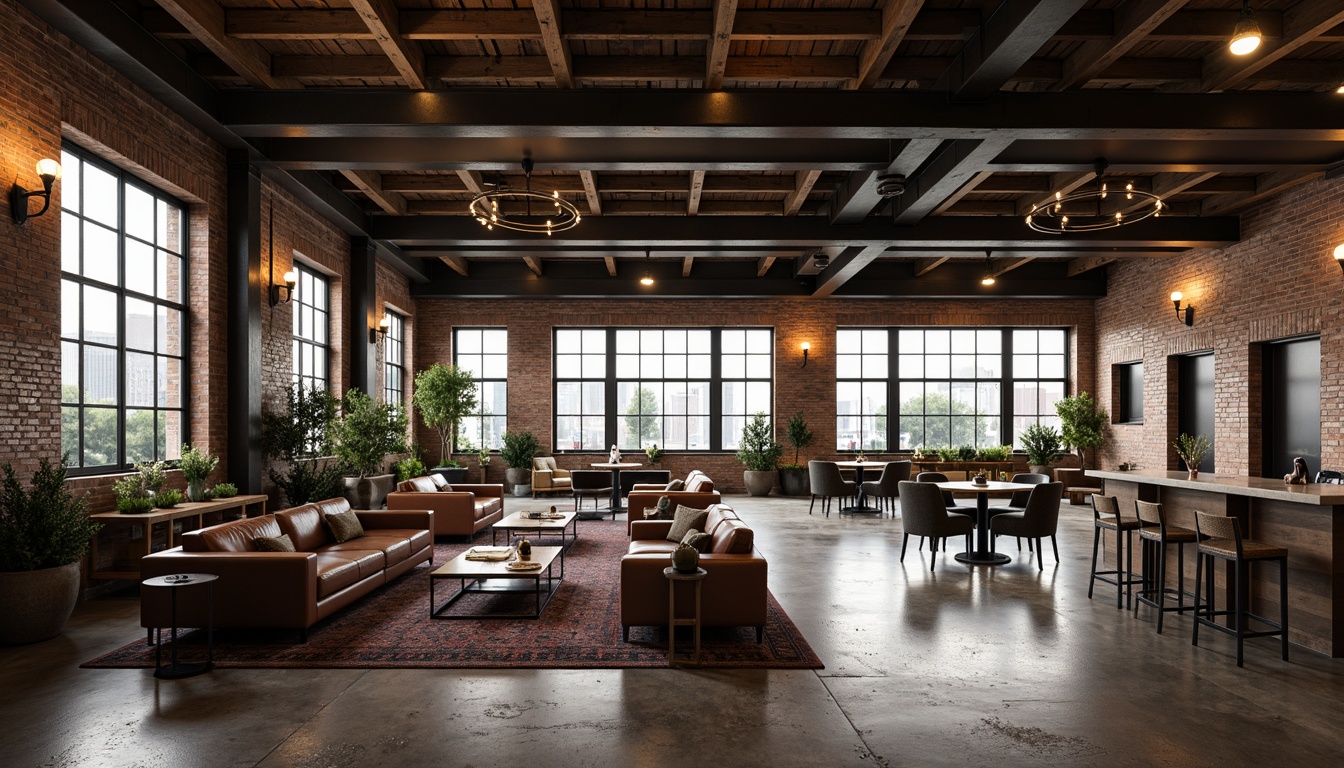 Prompt: Rustic industrial hotel lobby, exposed brick walls, metal beams, reclaimed wood accents, vintage factory lights, distressed leather sofas, metallic coffee tables, industrial-chic chairs, Edison bulb pendants, urban cityscape views, concrete floors, modern minimalist decor, neutral color palette, brutalist architecture, steel framed windows, functional modular furniture, rich textures, moody warm lighting, shallow depth of field, 2/3 composition.