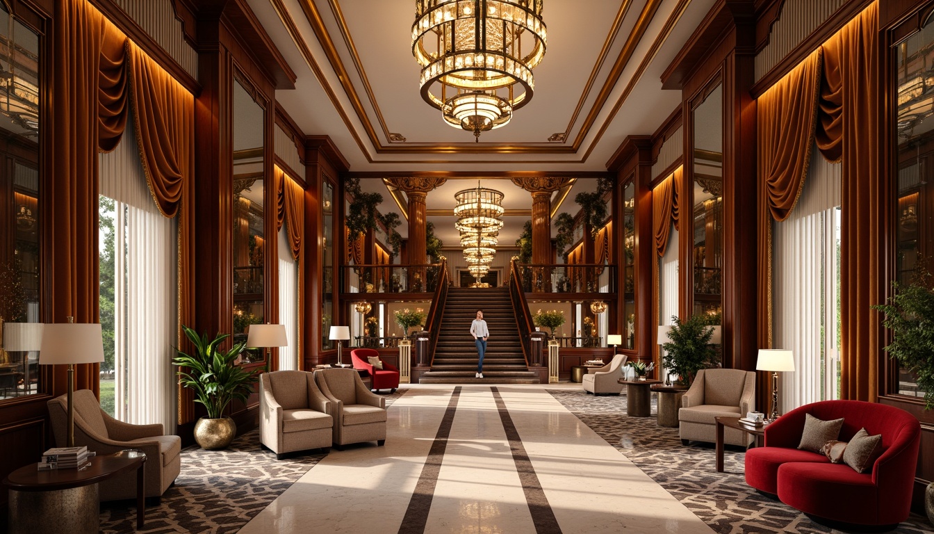 Prompt: Luxurious velvet drapes, metallic accents, ornate mirrors, geometric patterns, lavish chandeliers, rich wood paneling, sophisticated color schemes, opulent furnishings, elegant marble floors, majestic columns, grand staircases, dramatic lighting effects, warm neutral tones, refined textures, Art Deco inspired motifs, exotic materials, glamorous ambiance, 1/1 composition, shallow depth of field, softbox lighting, realistic reflections.