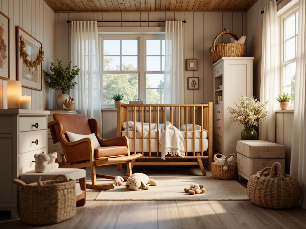 Prompt: Cozy baby nursery, warm wooden accents, soft pastel colors, vintage furniture, distressed finishes, natural textiles, woven baskets, plush toys, creamy whites, gentle candlelight, warm floor lamps, string lights, sheer curtains, dreamy clouds, peaceful atmosphere, rustic country charm, worn leather armchair, traditional wooden crib, delicate lace trim, floral patterns, gentle morning light, soft shadows, 1/1 composition, intimate close-up shots, warm color grading.