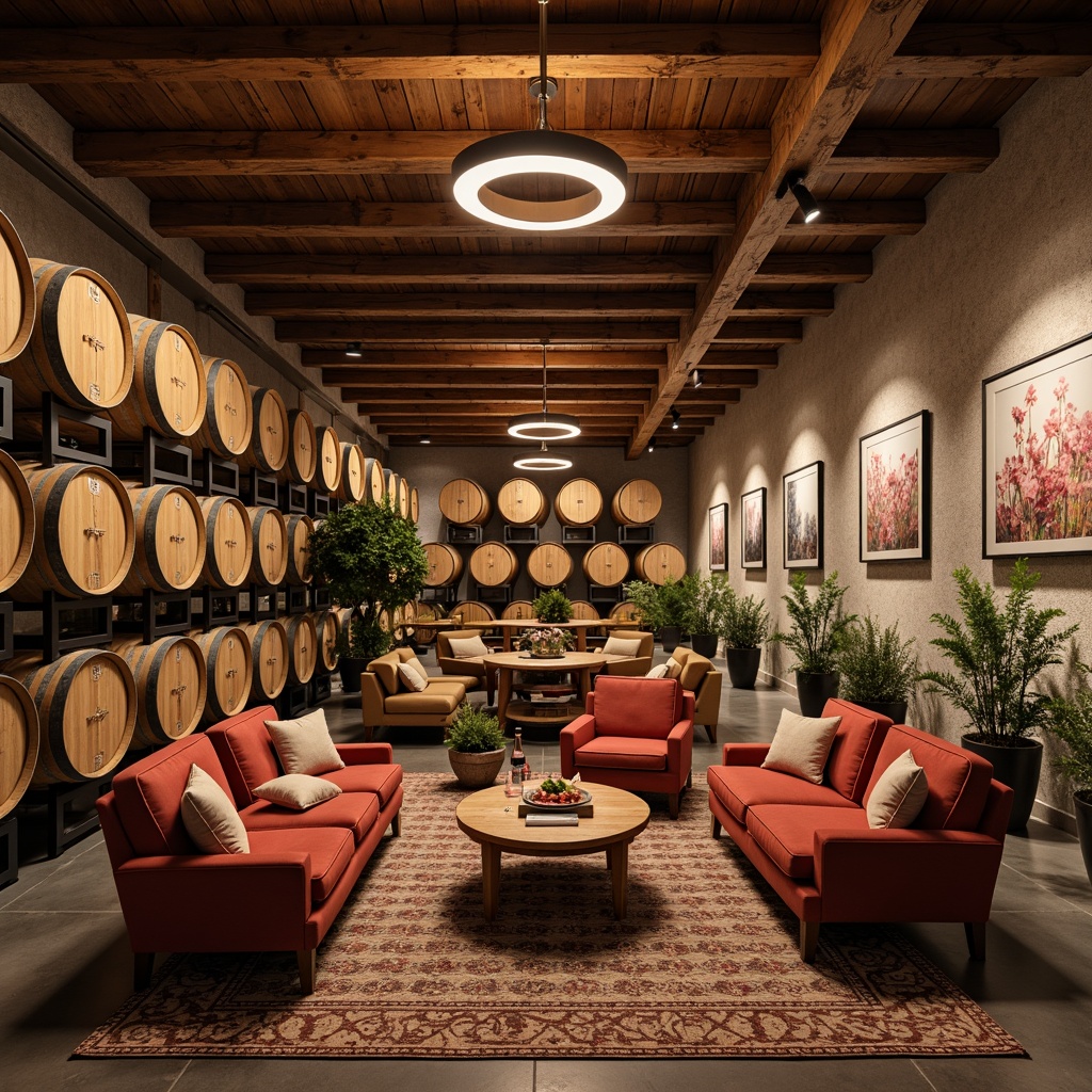 Prompt: Rustic winery, mid-century modern style, wooden accents, reclaimed oak barrels, stone walls, industrial chic lighting, vintage wine-making equipment, elegant tasting room, plush sofas, velvet armchairs, wooden coffee tables, geometric patterned rugs, natural fiber textiles, earthy color palette, warm ambient lighting, shallow depth of field, 3/4 composition, panoramic view, realistic textures, ambient occlusion.