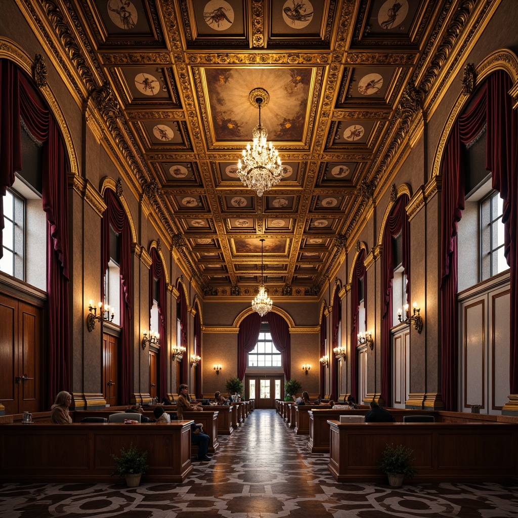 Prompt: Ornate courthouse interior, Renaissance-style ceiling design, intricate moldings, golden accents, ornamental medallions, vaulted arches, decorative frescoes, grand chandeliers, crystal droplets, rich wooden paneling, luxurious velvet drapes, high-contrast lighting, dramatic shadows, 1/1 composition, symmetrical framing, realistic textures, ambient occlusion.