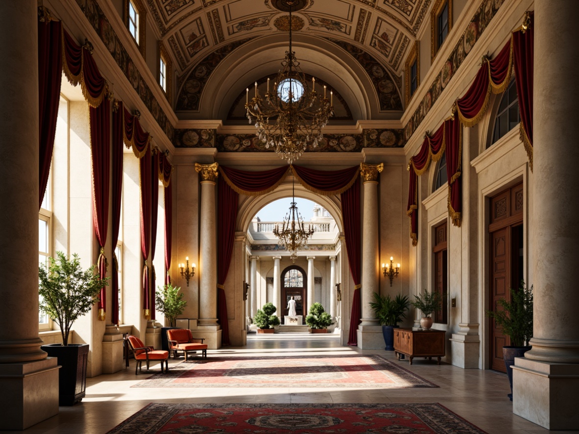 Prompt: Grand museum entrance, ornate stone carvings, gilded accents, majestic columns, high ceilings, intricate frescoes, lavish chandeliers, richly patterned rugs, velvet drapes, antique furniture, opulent marble floors, warm golden lighting, subtle shading, 1/2 composition, symmetrical framing, realistic textures, ambient occlusion.