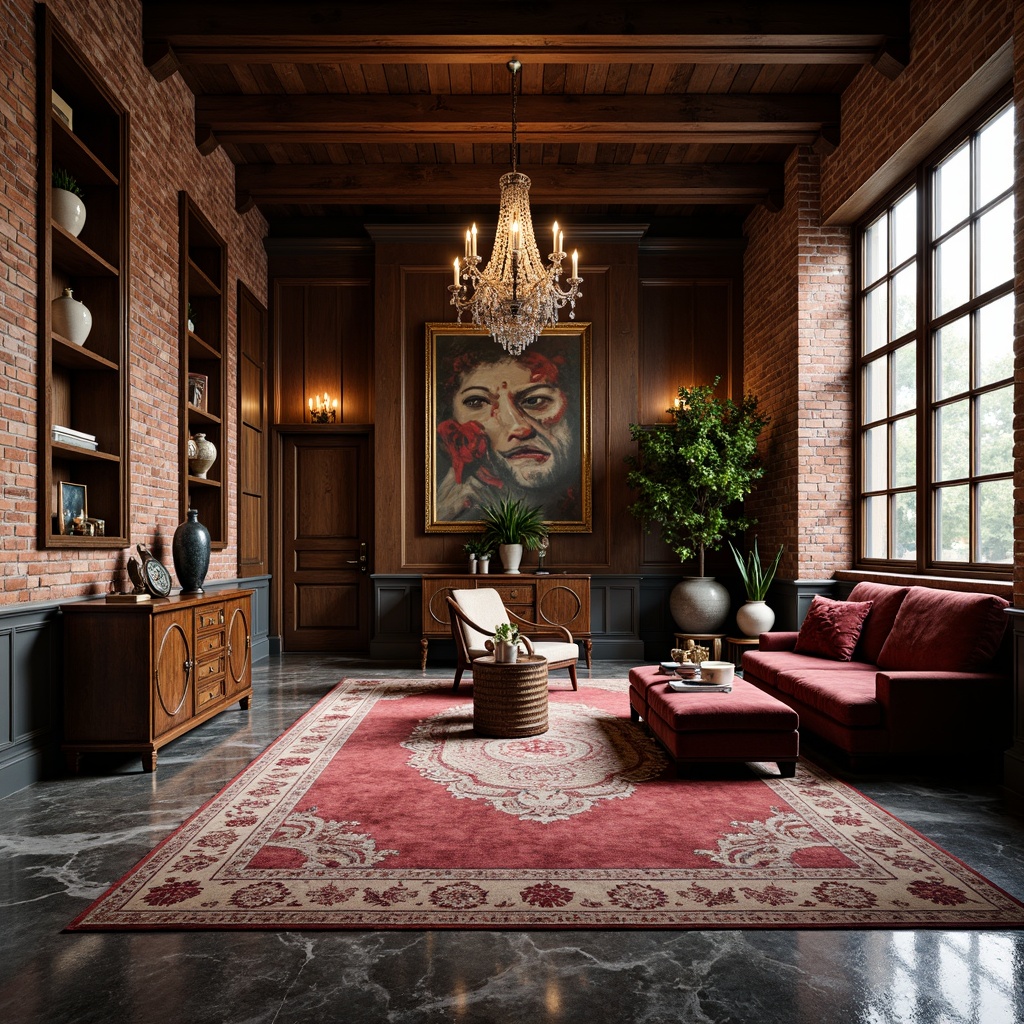 Prompt: Exposed brick walls, reclaimed wood accents, polished marble floors, ornate metalwork details, richly textured rugs, luxurious velvet upholstery, eclectic art pieces, vintage decorative items, dramatic chandelier lighting, warm ambient glow, shallow depth of field, 1/1 composition, realistic textures, ambient occlusion.